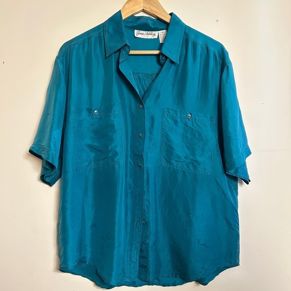 Jane Ashley 100% Silk‎ Short Sleeve Button Up Blouse Teal Medium Fair